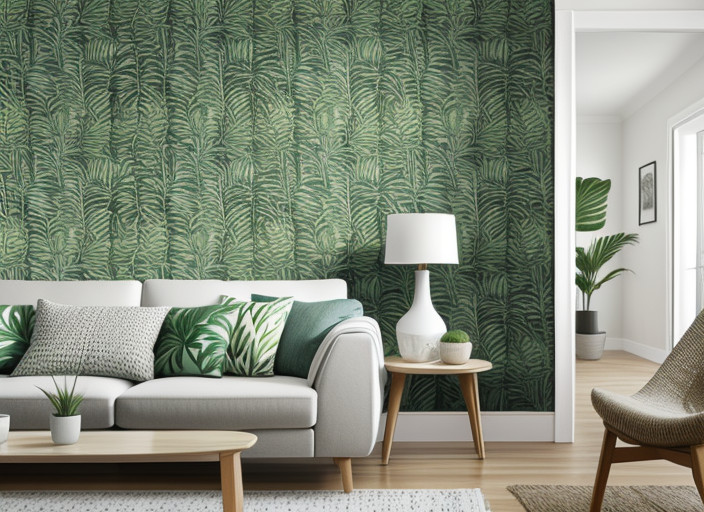 Tropical textured wallpaper in living room